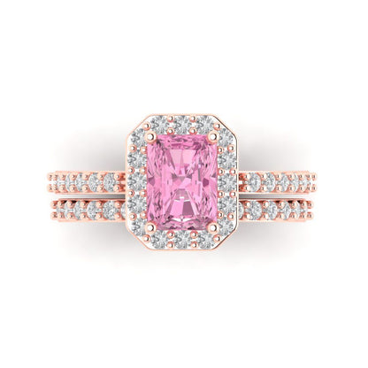 2.16 cttw Emerald Cut Simulated Pink Diamond Bridal Set - Solid Rose Gold Engagement Ring & Wedding Band