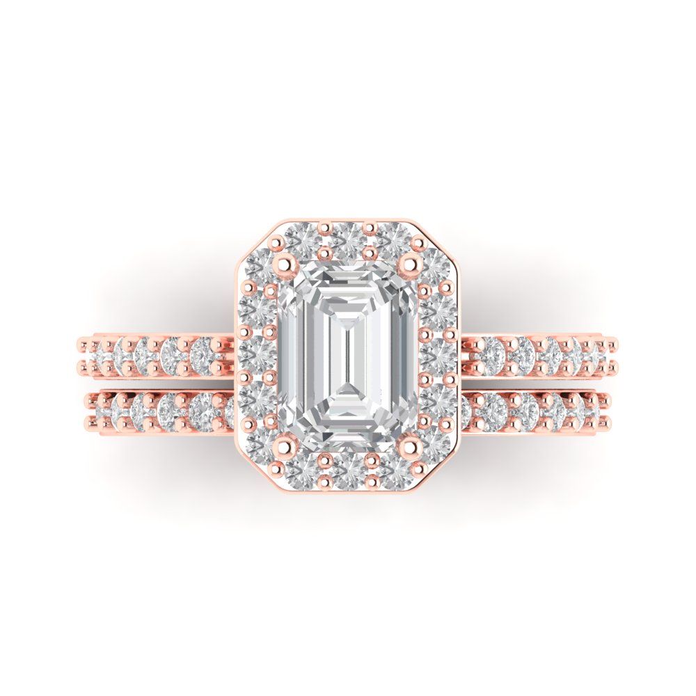2.16 cttw Emerald Cut White Sapphire Bridal Set - Solid Rose Gold Engagement Ring & Wedding Band