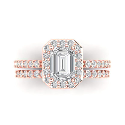 2.16 cttw Emerald Cut White Sapphire Bridal Set - Solid Rose Gold Engagement Ring & Wedding Band