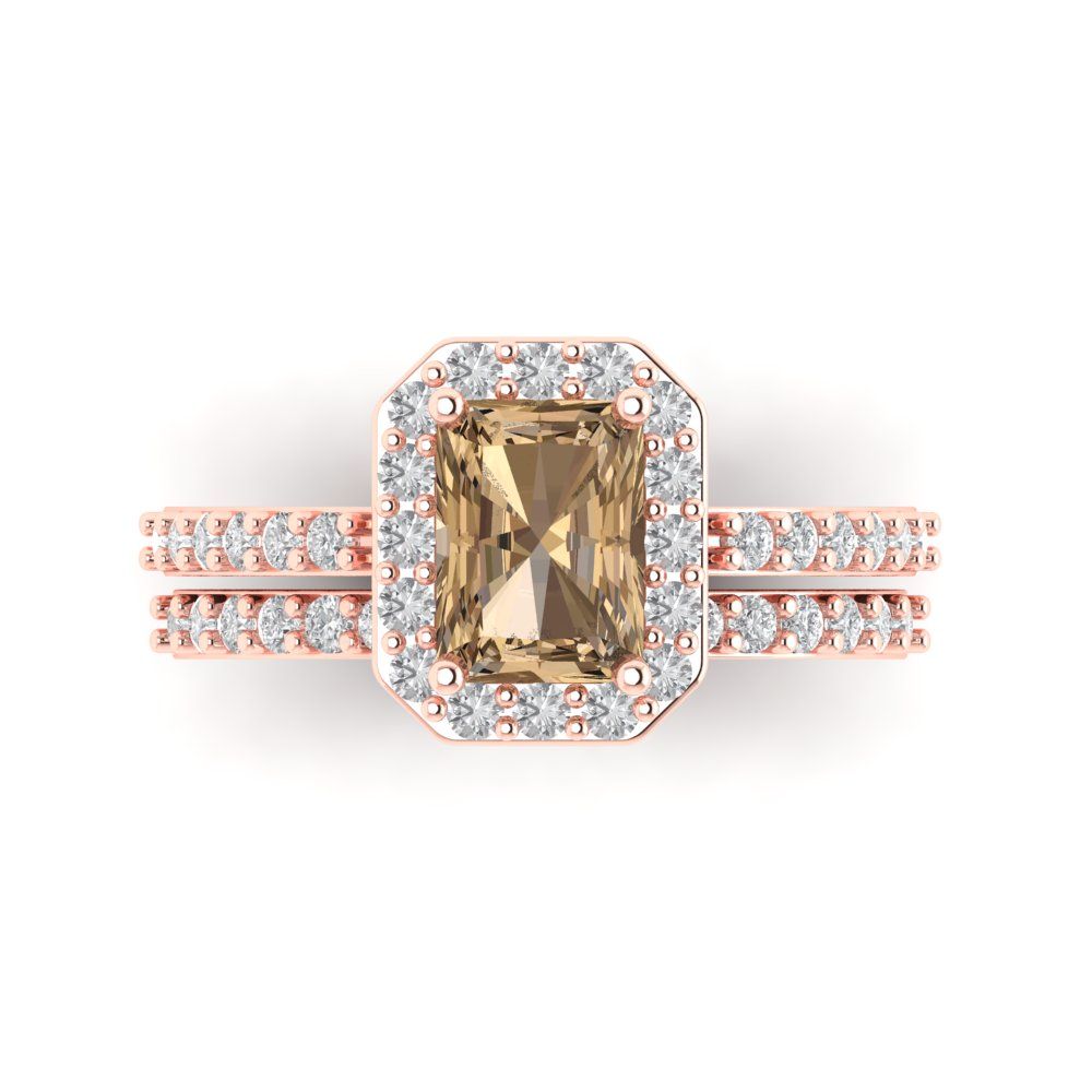 2.16 cttw Emerald Cut Simulated Champagne Diamond Bridal Set - Solid Rose Gold Engagement Ring & Wedding Band