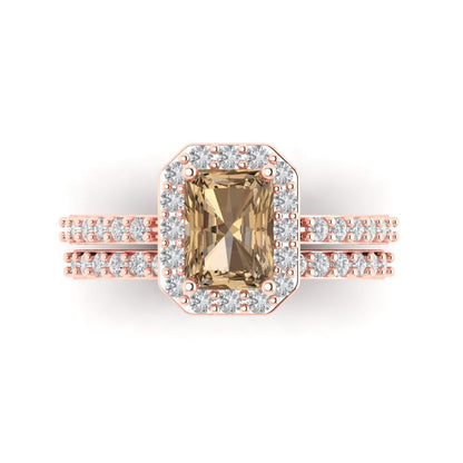2.16 cttw Emerald Cut Simulated Champagne Diamond Bridal Set - Solid Rose Gold Engagement Ring & Wedding Band