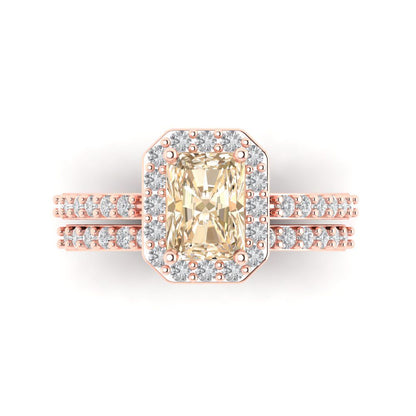 2.16 cttw Emerald Cut Natural Morganite Bridal Set - Solid Rose Gold Engagement Ring & Wedding Band
