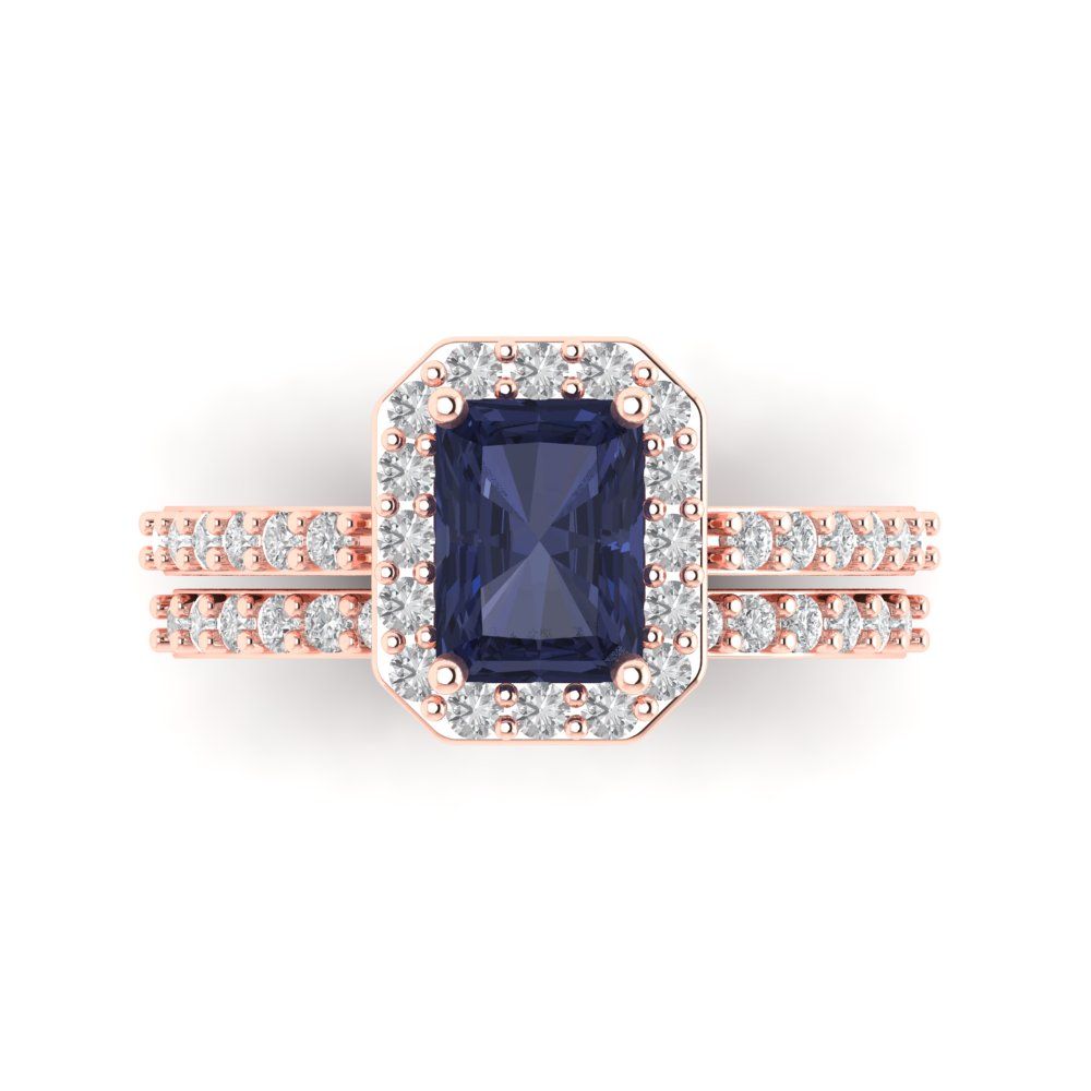 2.16 cttw Emerald Cut Simulated Blue Sapphire Bridal Set - Solid Rose Gold Engagement Ring & Wedding Band