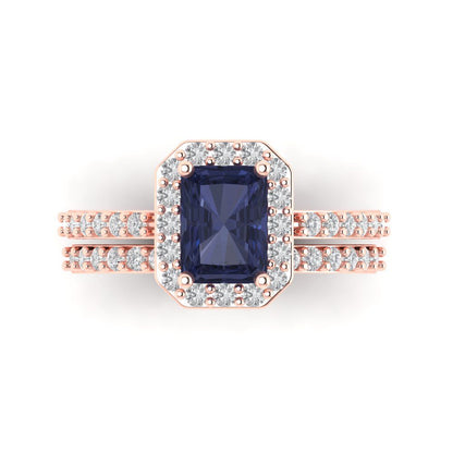 2.16 cttw Emerald Cut Simulated Blue Sapphire Bridal Set - Solid Rose Gold Engagement Ring & Wedding Band