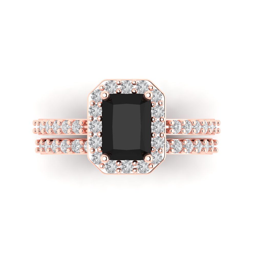 2.16 cttw Emerald Cut Natural Onyx Bridal Set - Solid Rose Gold Engagement Ring & Wedding Band