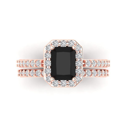 2.16 cttw Emerald Cut Natural Onyx Bridal Set - Solid Rose Gold Engagement Ring & Wedding Band