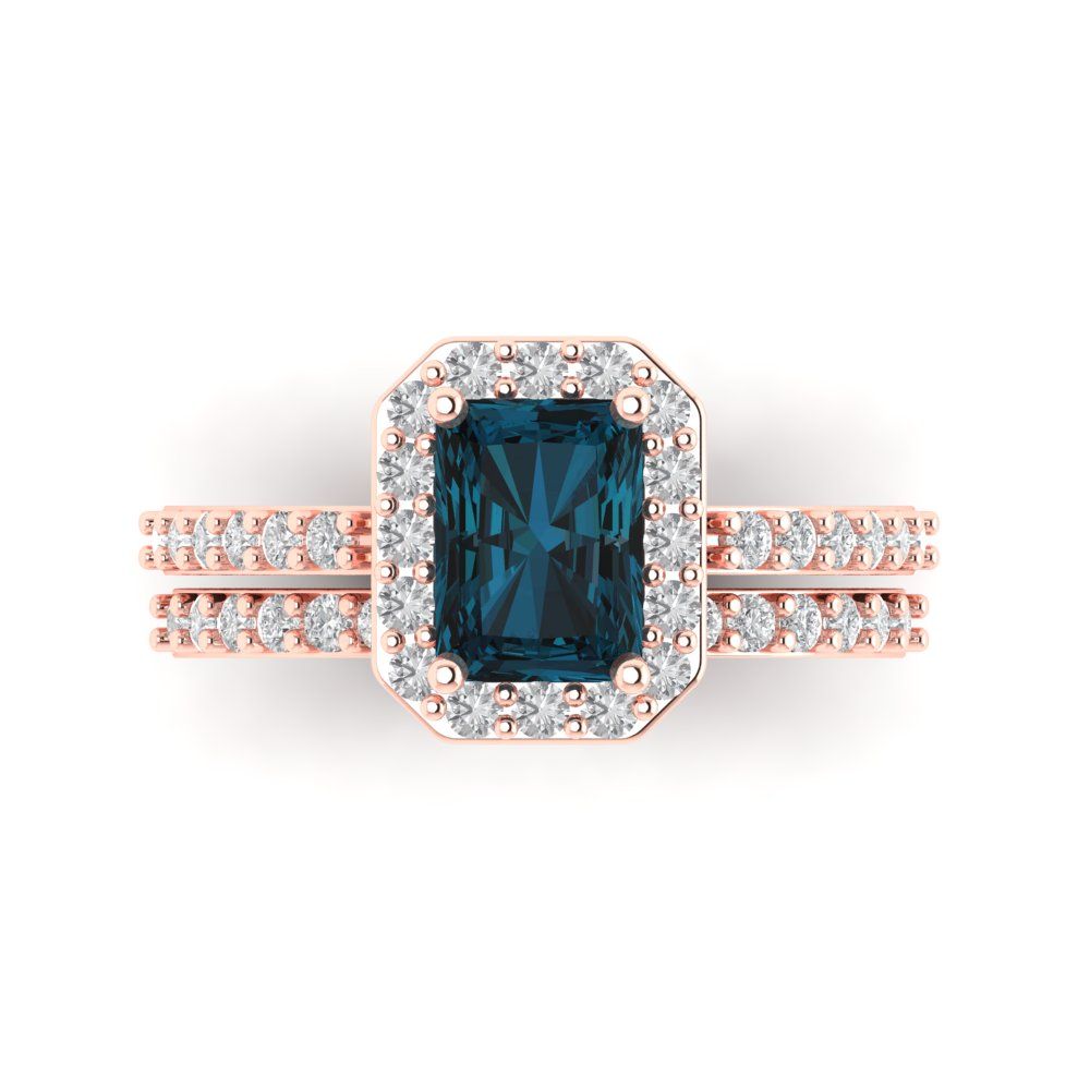 2.16 cttw Emerald Cut Natural London Blue Topaz Bridal Set - Solid Rose Gold Engagement Ring & Wedding Band