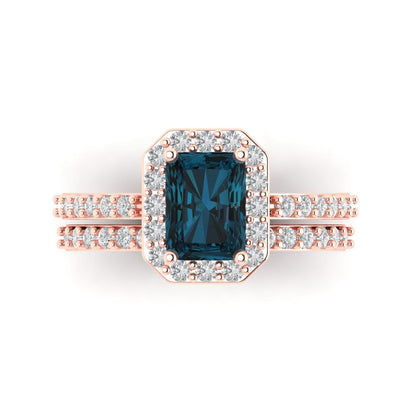 2.16 cttw Emerald Cut Natural London Blue Topaz Bridal Set - Solid Rose Gold Engagement Ring & Wedding Band