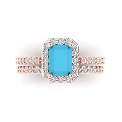 2.16 cttw Emerald Cut Simulated Turquoise Bridal Set - Solid Rose Gold Engagement Ring & Wedding Band