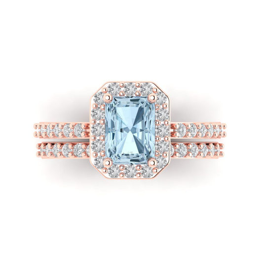 2.16 cttw Emerald Cut Natural Aquamarine Bridal Set - Solid Rose Gold Engagement Ring & Wedding Band