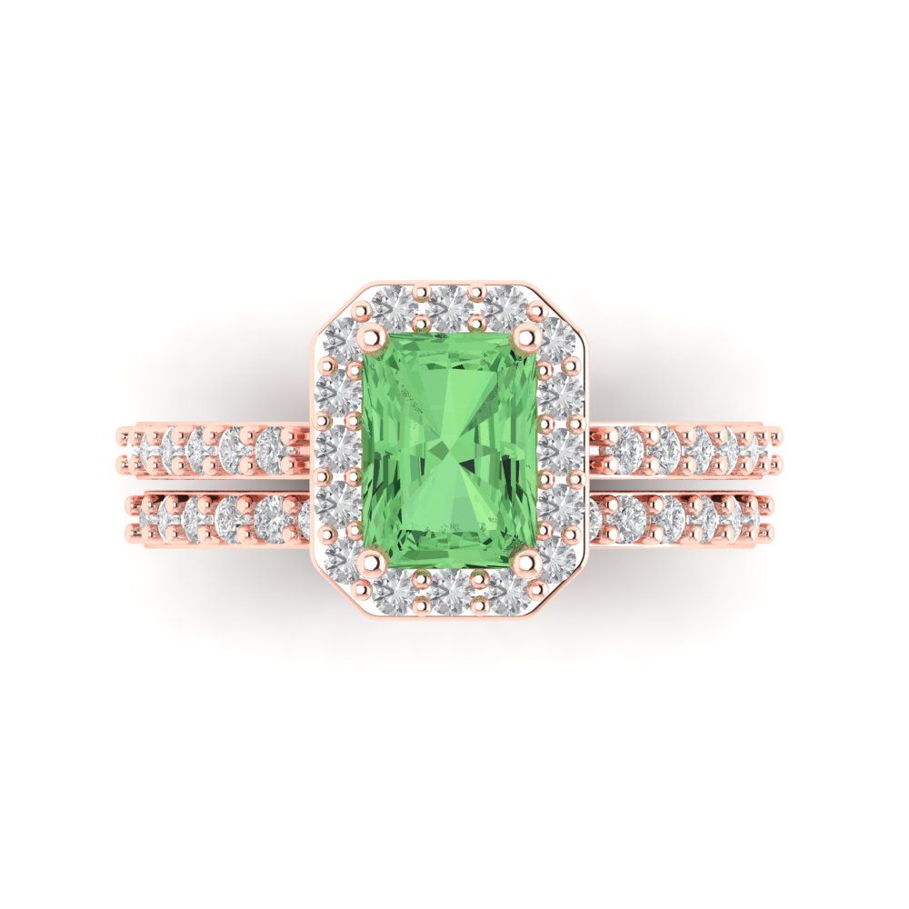2.16 cttw Emerald Cut Simulated Green Diamond Bridal Set - Solid Rose Gold Engagement Ring & Wedding Band