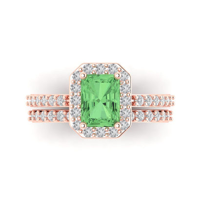 2.16 cttw Emerald Cut Simulated Green Diamond Bridal Set - Solid Rose Gold Engagement Ring & Wedding Band