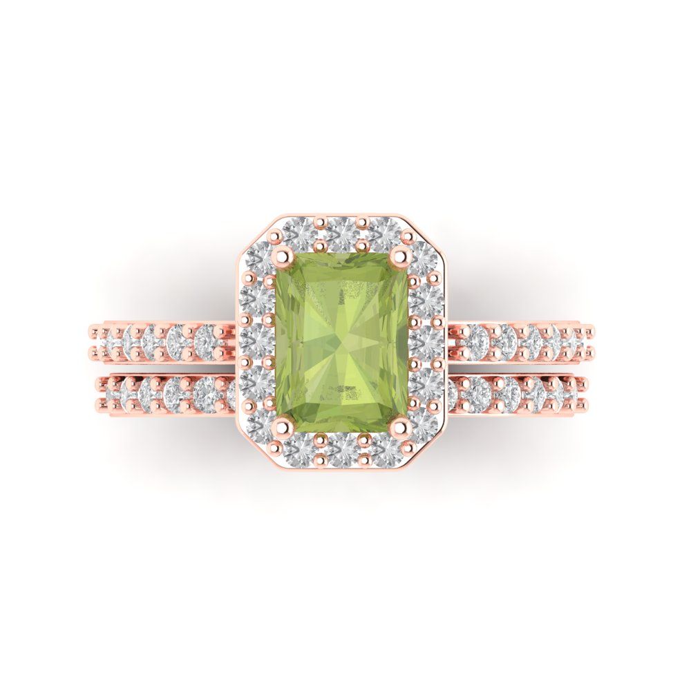 2.16 cttw Emerald Cut Natural Peridot Bridal Set - Solid Rose Gold Engagement Ring & Wedding Band