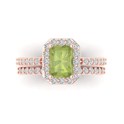 2.16 cttw Emerald Cut Natural Peridot Bridal Set - Solid Rose Gold Engagement Ring & Wedding Band