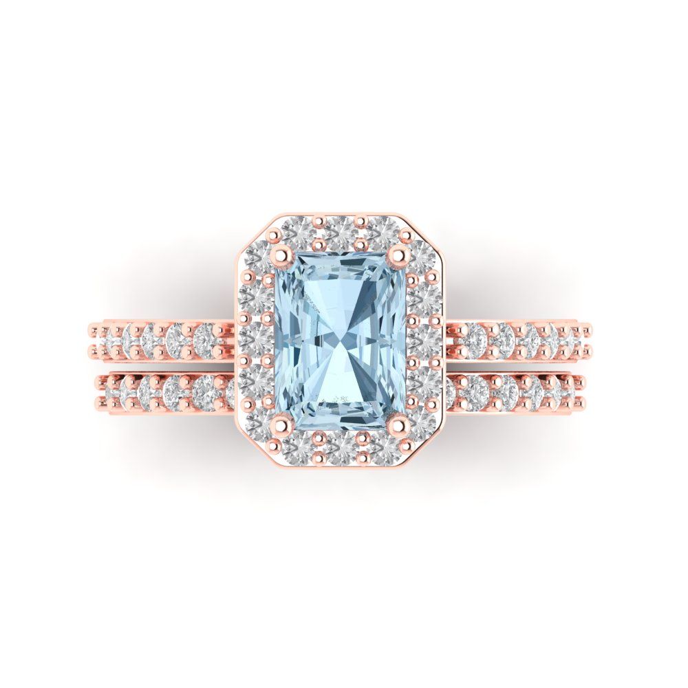2.16 cttw Emerald Cut Natural Sky Blue Topaz Bridal Set - Solid Rose Gold Engagement Ring & Wedding Band