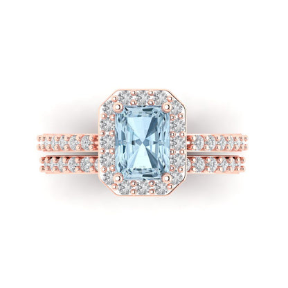 2.16 cttw Emerald Cut Simulated Blue Diamond Bridal Set - Solid Rose Gold Engagement Ring & Wedding Band