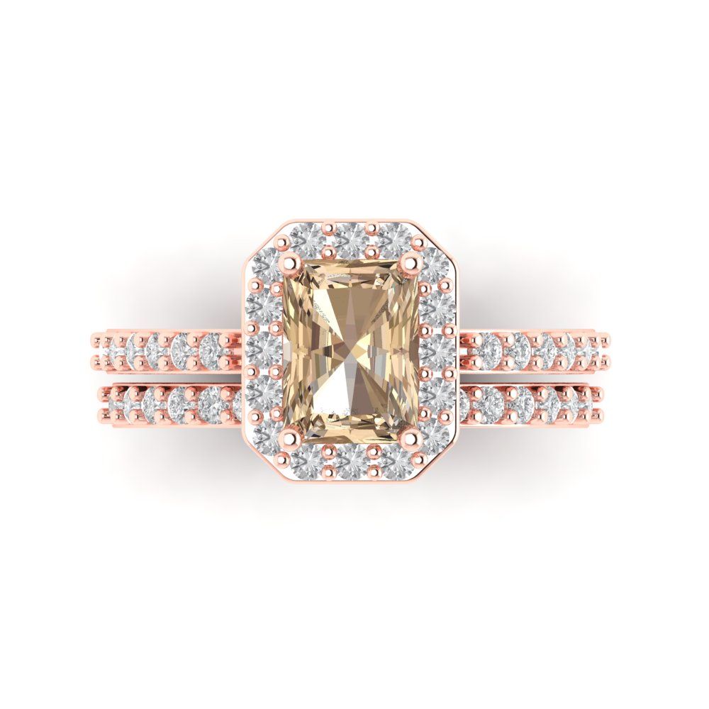 2.16 cttw Emerald Cut Yellow Moissanite Bridal Set - Solid Rose Gold Engagement Ring & Wedding Band