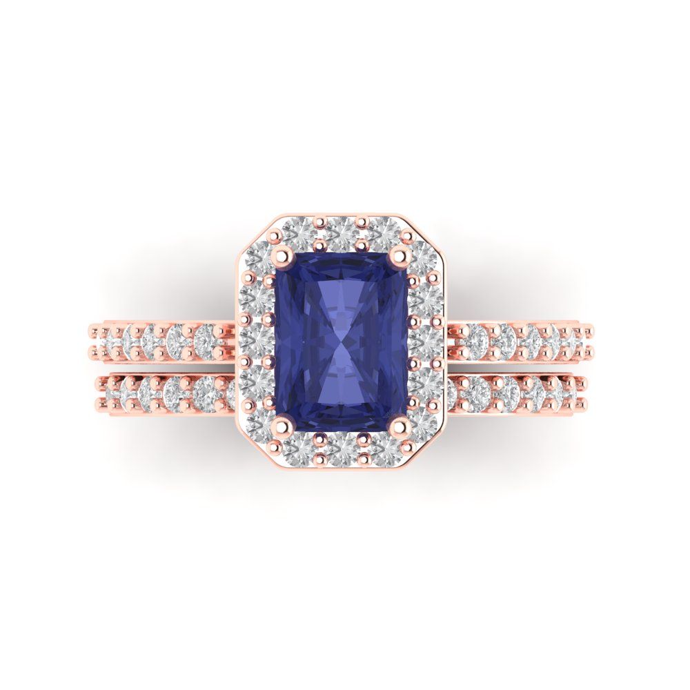2.16 cttw Emerald Cut Simulated Tanzanite Bridal Set - Solid Rose Gold Engagement Ring & Wedding Band