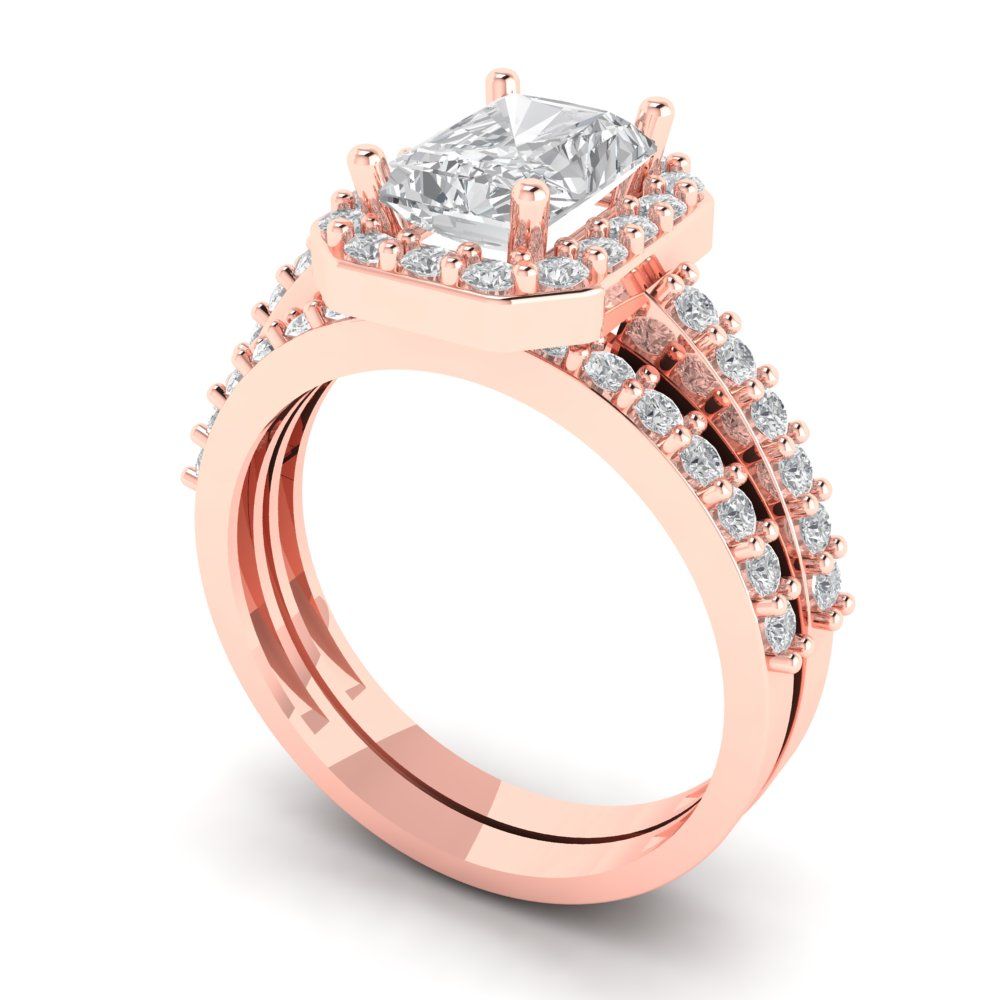 2.16 cttw Emerald Cut Zirconia Simulated Diamond Bridal Set - Solid Rose Gold Engagement Ring & Wedding Band