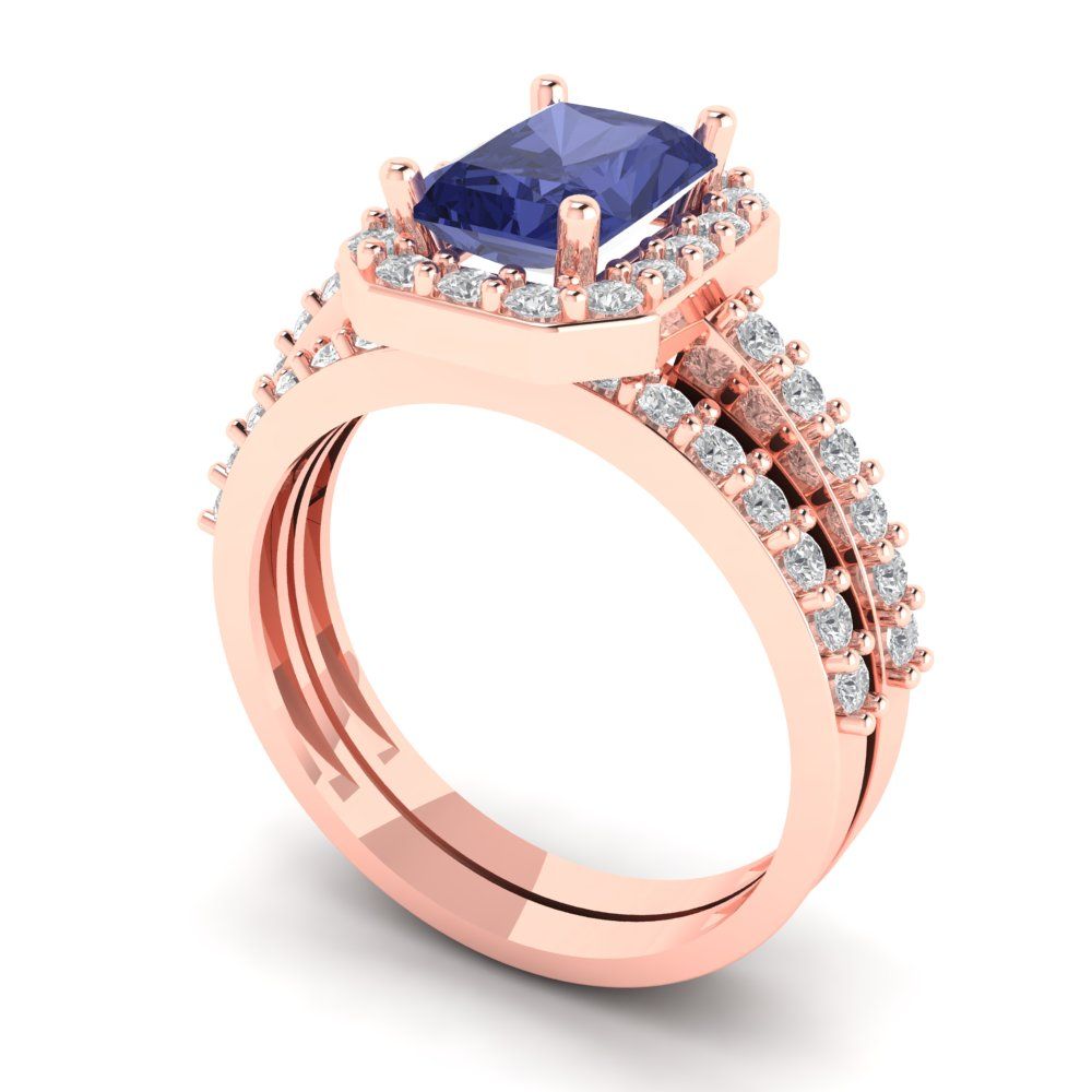 2.16 cttw Emerald Cut Simulated Tanzanite Bridal Set - Solid Rose Gold Engagement Ring & Wedding Band