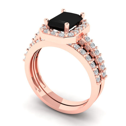 2.16 cttw Emerald Cut Natural Onyx Bridal Set - Solid Rose Gold Engagement Ring & Wedding Band