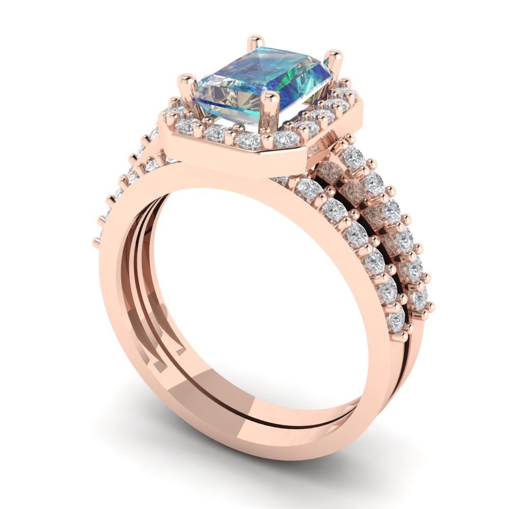 2.16 cttw Emerald Cut Blue Moissanite Bridal Set - Solid Rose Gold Engagement Ring & Wedding Band