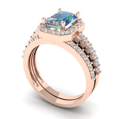 2.16 cttw Emerald Cut Blue Moissanite Bridal Set - Solid Rose Gold Engagement Ring & Wedding Band