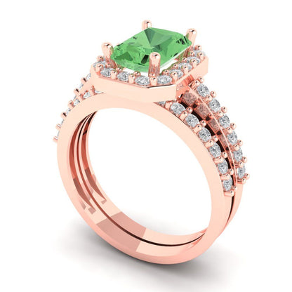 2.16 cttw Emerald Cut Simulated Green Diamond Bridal Set - Solid Rose Gold Engagement Ring & Wedding Band
