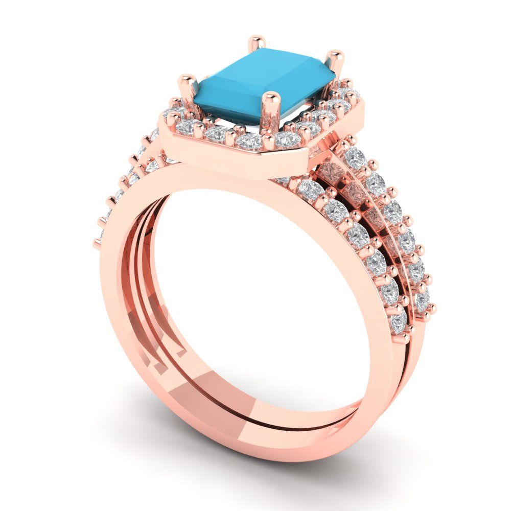 2.16 cttw Emerald Cut Simulated Turquoise Bridal Set - Solid Rose Gold Engagement Ring & Wedding Band