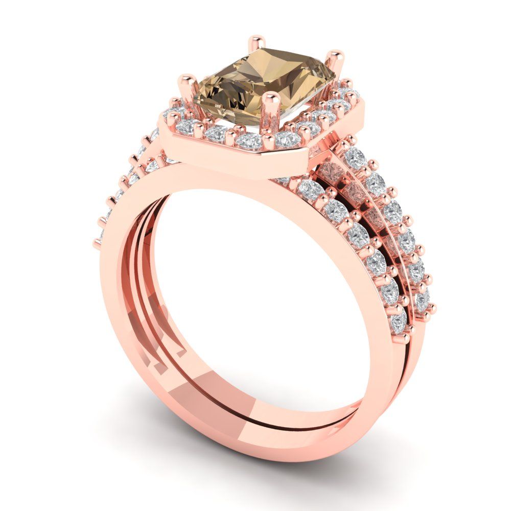 2.16 cttw Emerald Cut Simulated Champagne Diamond Bridal Set - Solid Rose Gold Engagement Ring & Wedding Band