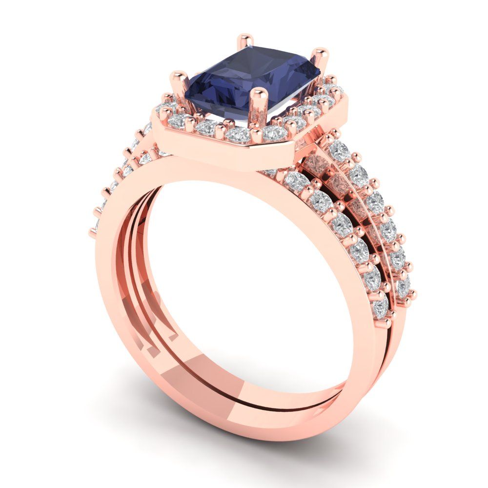 2.16 cttw Emerald Cut Simulated Blue Sapphire Bridal Set - Solid Rose Gold Engagement Ring & Wedding Band