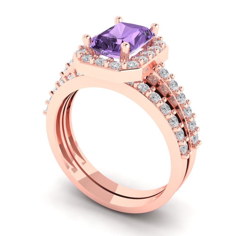 2.16 cttw Emerald Cut Simulated Alexandrite Bridal Set - Solid Rose Gold Engagement Ring & Wedding Band