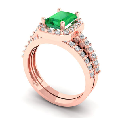2.16 cttw Emerald Cut Simulated Emerald Bridal Set - Solid Rose Gold Engagement Ring & Wedding Band