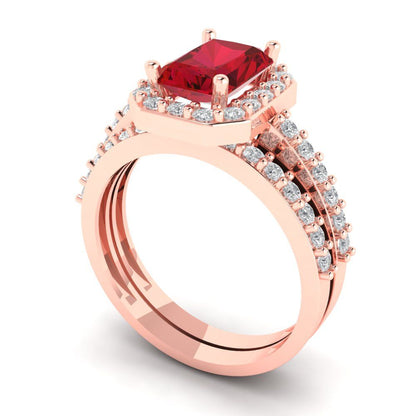 2.16 cttw Emerald Cut Simulated Pink Tourmaline Bridal Set - Solid Rose Gold Engagement Ring & Wedding Band