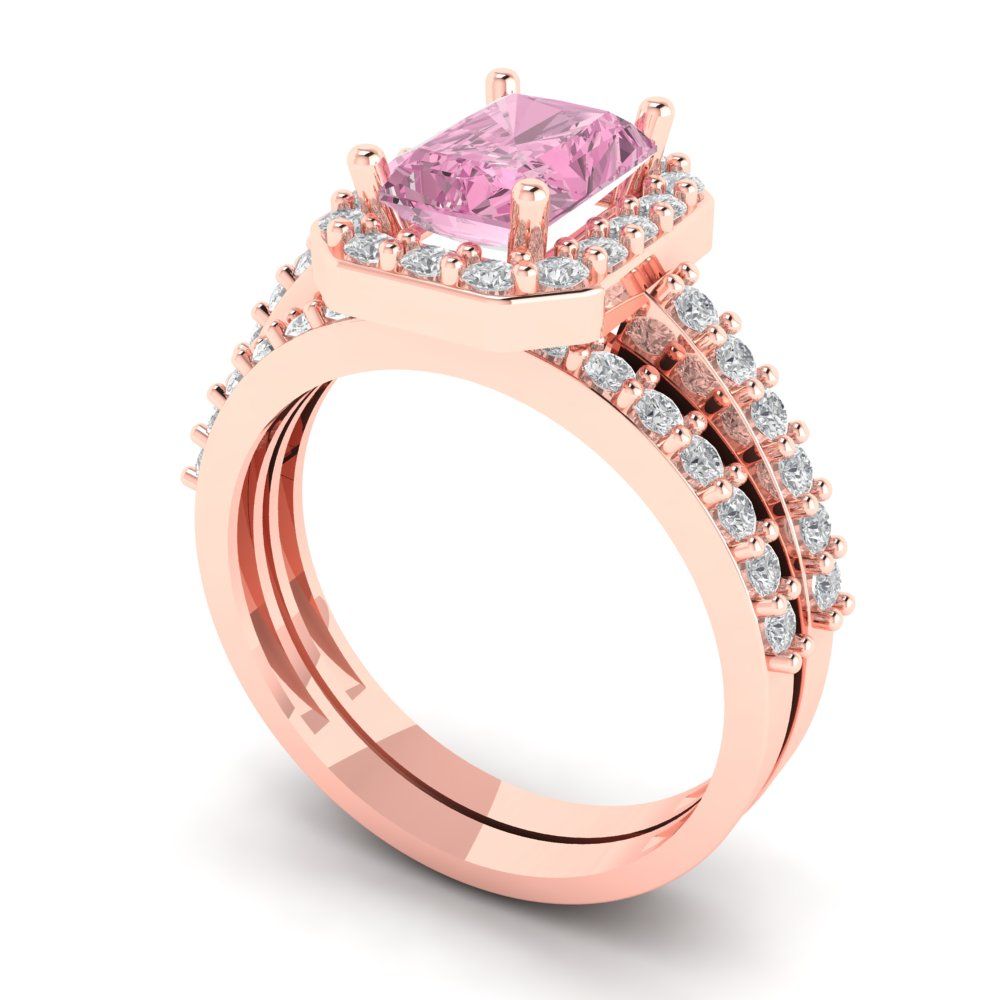 2.16 cttw Emerald Cut Simulated Pink Diamond Bridal Set - Solid Rose Gold Engagement Ring & Wedding Band