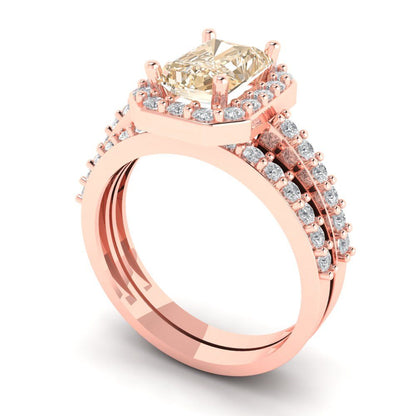 2.16 cttw Emerald Cut Natural Morganite Bridal Set - Solid Rose Gold Engagement Ring & Wedding Band