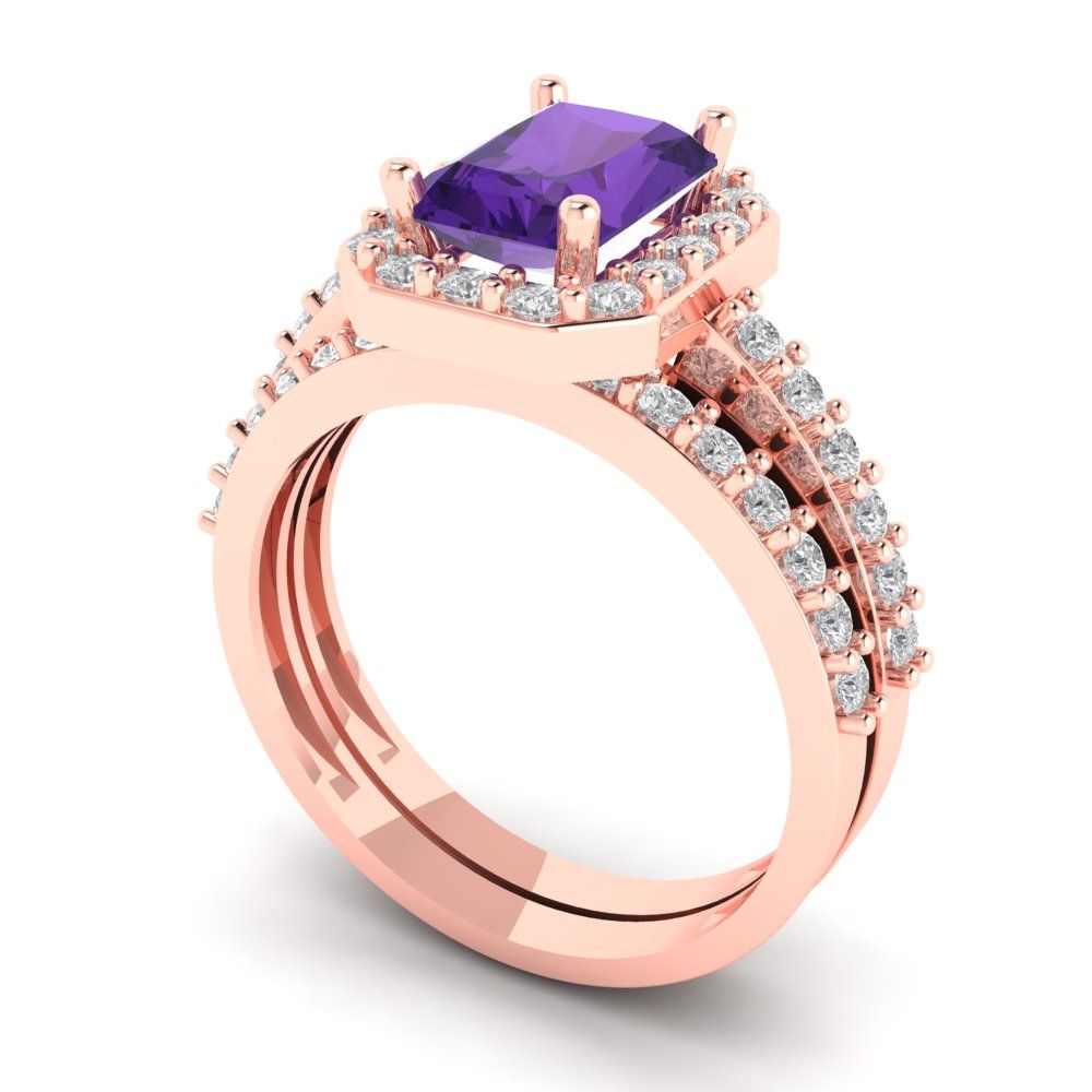 2.16 cttw Emerald Cut Natural Amethyst Bridal Set - Solid Rose Gold Engagement Ring & Wedding Band