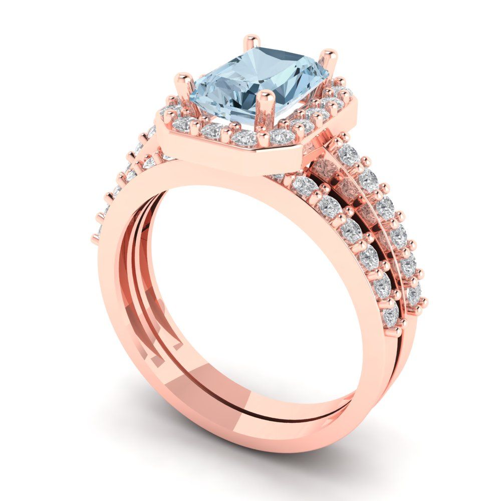 2.16 cttw Emerald Cut Natural Sky Blue Topaz Bridal Set - Solid Rose Gold Engagement Ring & Wedding Band