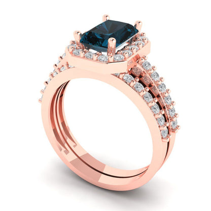 2.16 cttw Emerald Cut Natural London Blue Topaz Bridal Set - Solid Rose Gold Engagement Ring & Wedding Band