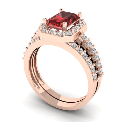 2.16 cttw Emerald Cut Natural Garnet Bridal Set - Solid Rose Gold Engagement Ring & Wedding Band