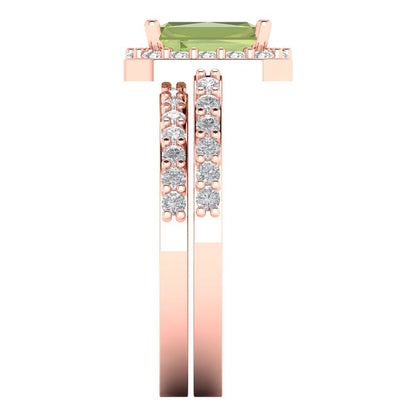 2.16 cttw Emerald Cut Natural Peridot Bridal Set - Solid Rose Gold Engagement Ring & Wedding Band