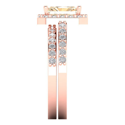 2.16 cttw Emerald Cut Natural Morganite Bridal Set - Solid Rose Gold Engagement Ring & Wedding Band