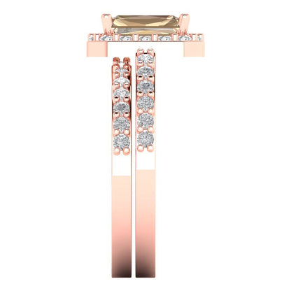 2.16 cttw Emerald Cut Yellow Moissanite Bridal Set - Solid Rose Gold Engagement Ring & Wedding Band