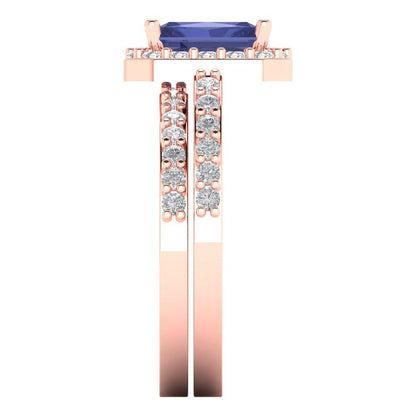 2.16 cttw Emerald Cut Simulated Tanzanite Bridal Set - Solid Rose Gold Engagement Ring & Wedding Band