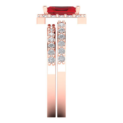 2.16 cttw Emerald Cut Simulated Pink Tourmaline Bridal Set - Solid Rose Gold Engagement Ring & Wedding Band