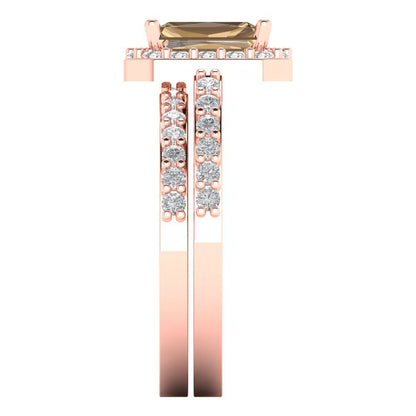 2.16 cttw Emerald Cut Simulated Champagne Diamond Bridal Set - Solid Rose Gold Engagement Ring & Wedding Band