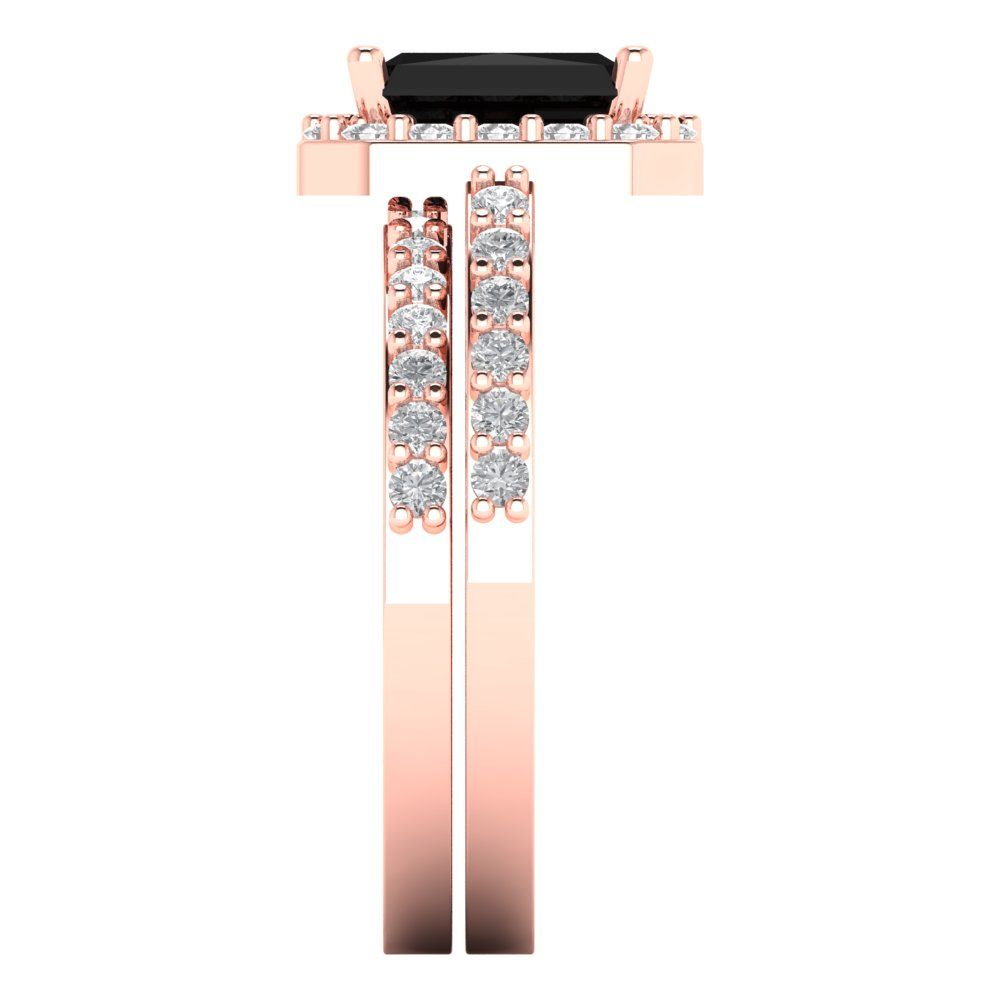 2.16 cttw Emerald Cut Natural Onyx Bridal Set - Solid Rose Gold Engagement Ring & Wedding Band