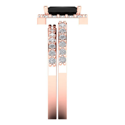 2.16 cttw Emerald Cut Natural Onyx Bridal Set - Solid Rose Gold Engagement Ring & Wedding Band