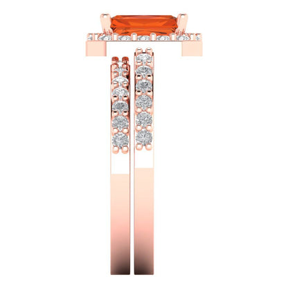 2.16 cttw Emerald Cut Simulated Red Diamond Bridal Set - Solid Rose Gold Engagement Ring & Wedding Band