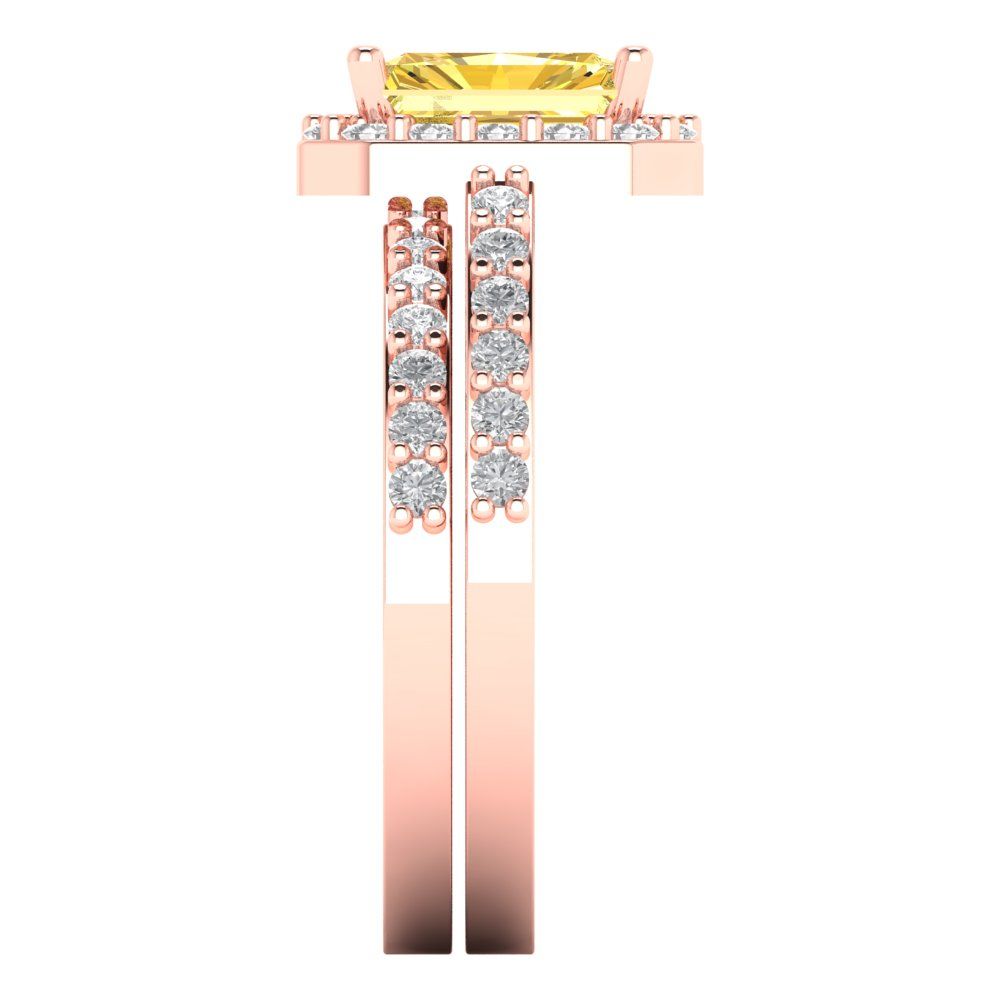2.16 cttw Emerald Cut Simulated Yellow Diamond Bridal Set - Solid Rose Gold Engagement Ring & Wedding Band